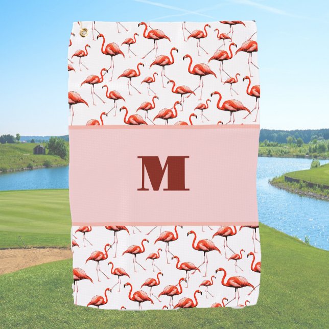 Fun pink custom monogram ladies flamingo golf towel (Creator Uploaded)