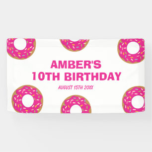 Fun pink donut Birthday party theme welcome banner