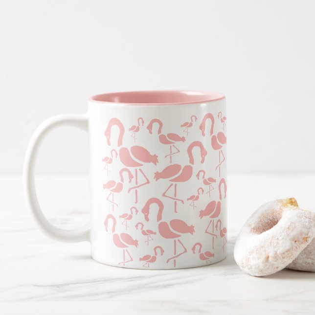 Fun Pink Flamingo bird art Two-Tone Coffee Mug (With Donut)