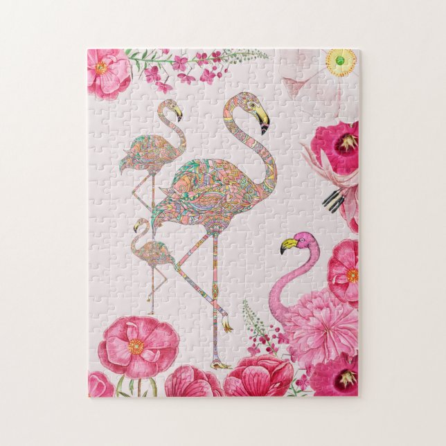 Fun Pink flamingo surreal collage with flowers Jigsaw Puzzle (Vertical)