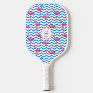 Fun Pink Flamingos Blue & White Chevron Pattern Pickleball Paddle