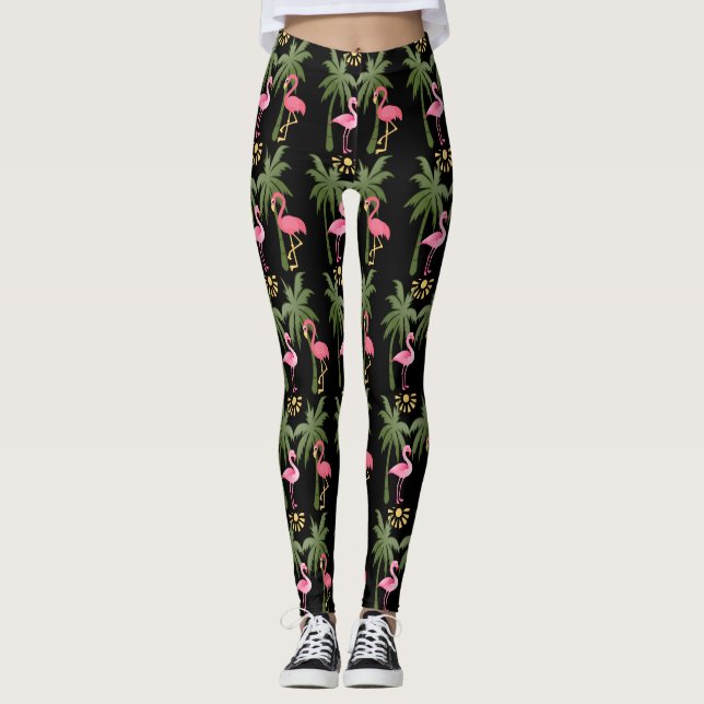 Fun! Pink Flamingos & Palm Trees on Black Leggings (Front)