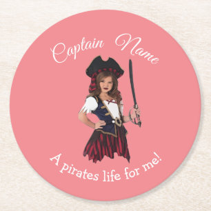 Fun Pink Girl Pirate  Round Paper Coaster