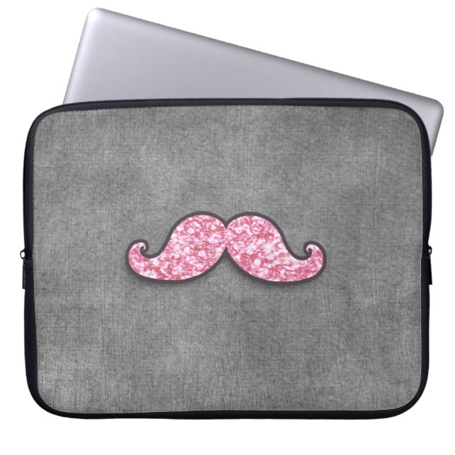 FUN PINK GLITTER MUSTACHE GREY CHALKBOARD LAPTOP SLEEVE (Front)
