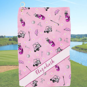 Fun pink golf cart and gear personalized name towel
