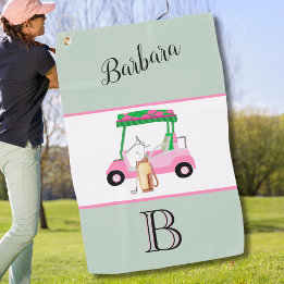 Fun Pink Golf Cart Monogram Name Golf Towel