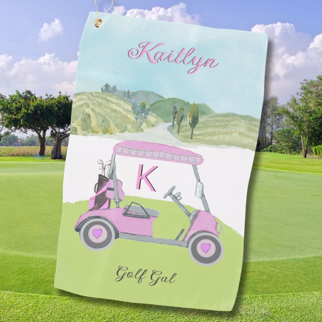 Fun Pink Golf Cart Scenic Personalized Name Golf Towel (Creator Uploaded)