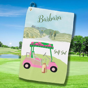 Fun Pink Golf Cart Scenic Personalized Name Towel