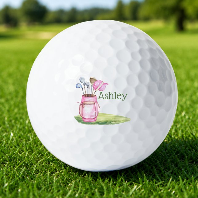 Fun Pink Golf Club Personalized Monogram Balls (cute watercolor pink golf bag golf balls with custom monogram name)