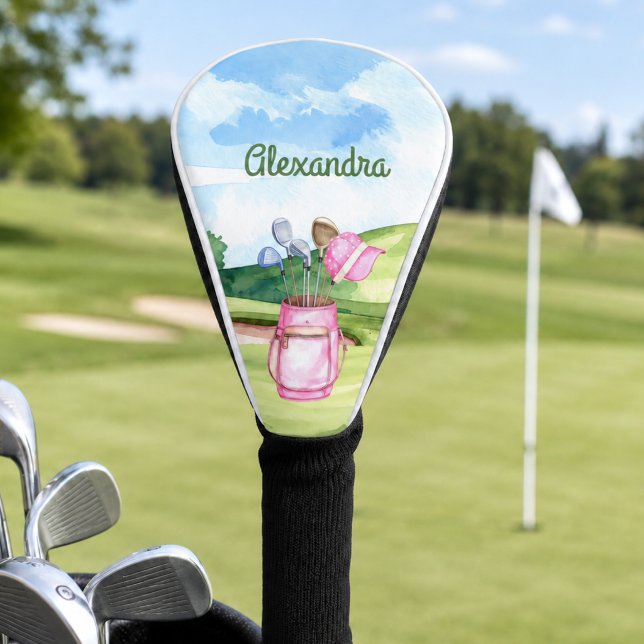 Fun Pink Golf Club Personalized Monogram Head Cover (fun cute pink golf bag club head cover with custom name monogram for her)