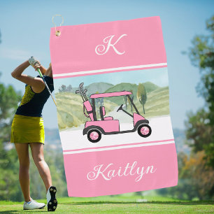Fun Pink Golf Gal Cart Monogram Name Towel