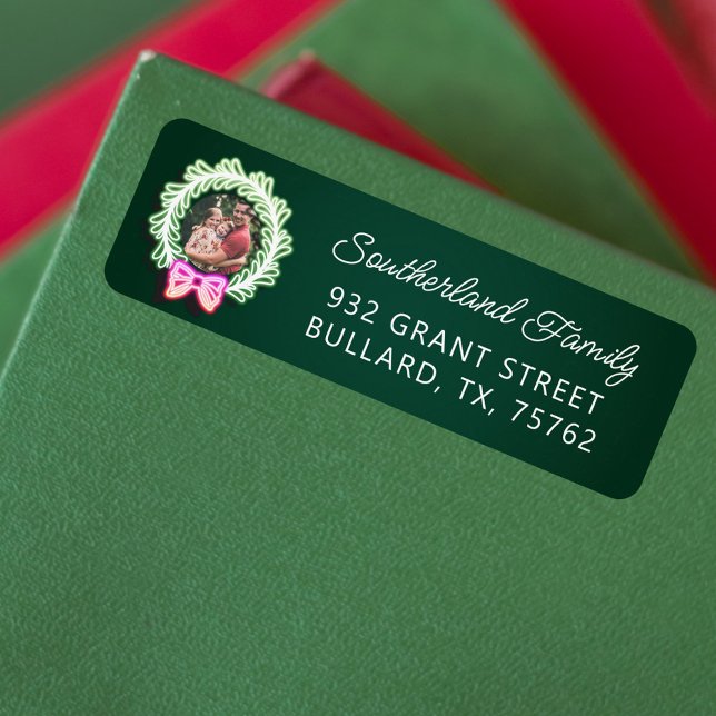 Fun Pink Green Neon Lights Christmas Wreath Photo (Fun Pink Green Neon Lights Christmas Wreath Photo Label)