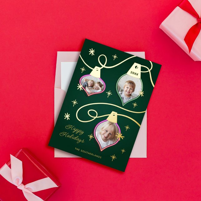 Fun pink & Green Neon Photo Christmas Ornaments Foil Holiday Card (Creator Uploaded)