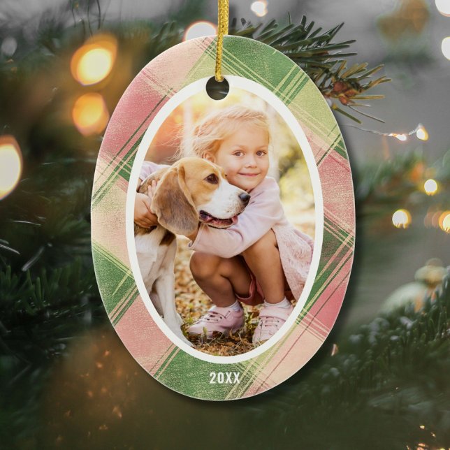 Fun Pink Green Plaid Custom Photo Christmas Tree Ceramic Ornament (Creator Uploaded)
