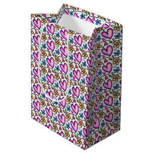 Fun Pink Hearts and Orange Blue Flowers Medium Gift Bag