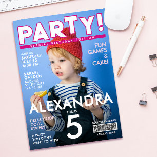 Fun Pink Magazine Cover Kids Editorial News Photo Invitation