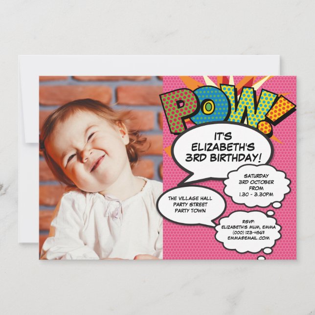 Fun Pink Modern Birthday Party Photo Comic Any Age Invitation (Front)