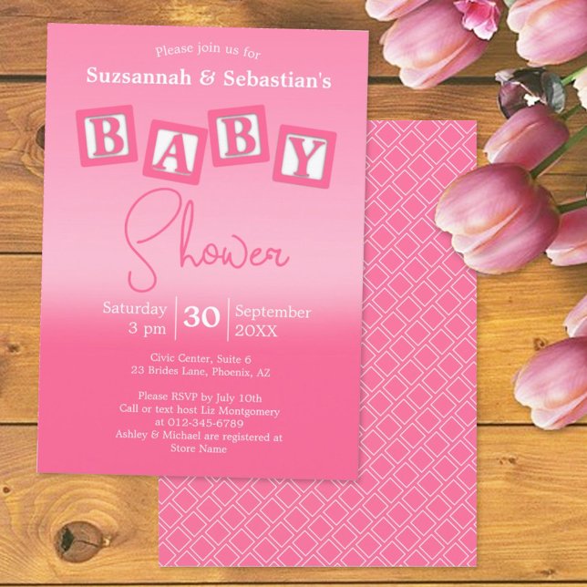 Fun Pink Ombre BABY Girl Blocks Shower Invitation (Creator Uploaded)