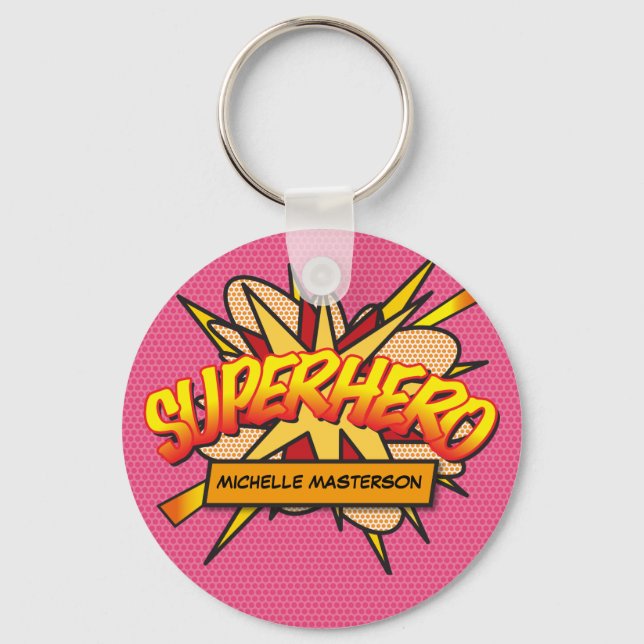 Fun Pink Personalized Comic Book SUPERHERO Keychain (Front)