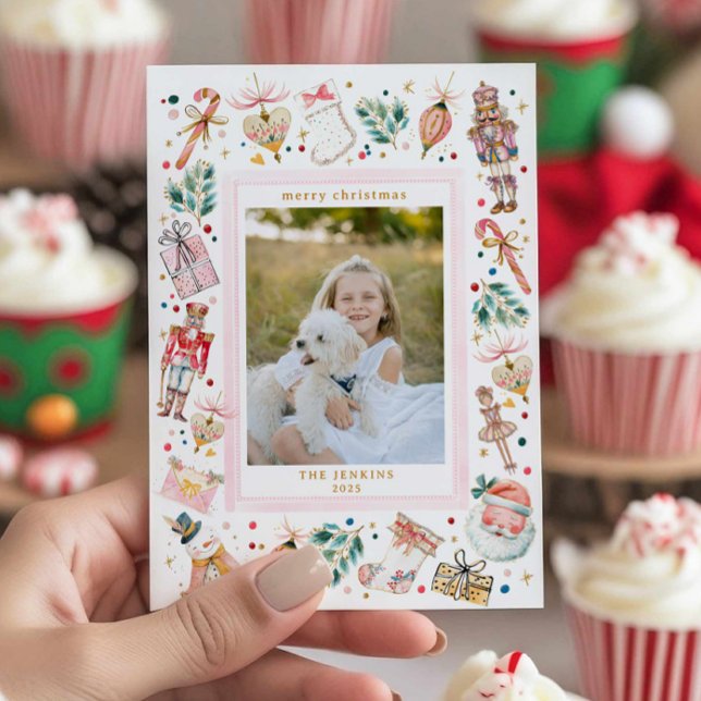Fun Pink Photo Christmas Family Card (Fun Pink Christmas Photo Card)
