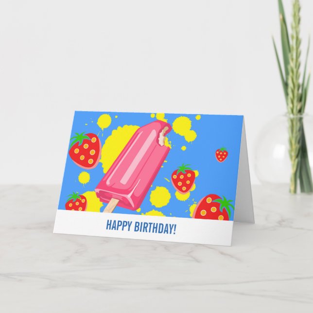 Fun Pink Popsicle and Strawberries Birthday Card (Front)