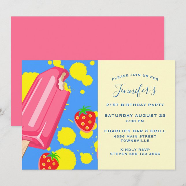 Fun Pink Popsicle and Strawberries Birthday Invitation (Front/Back)
