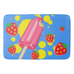 Fun Pink Popsicle and Strawberries Illustration Bath Mat