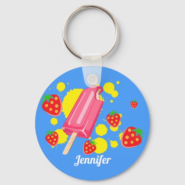 Fun Pink Popsicle and Strawberries Illustration Keychain (Front)