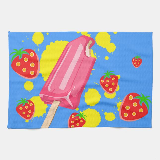 Fun Pink Popsicle and Strawberries Illustration Kitchen Towel (Horizontal)