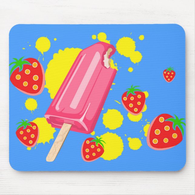 Fun Pink Popsicle and Strawberries Illustration Mouse Pad (Front)