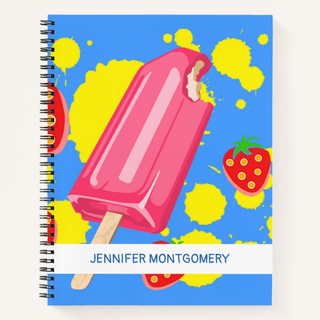 Fun Pink Popsicle and Strawberries Illustration Notebook (Front)