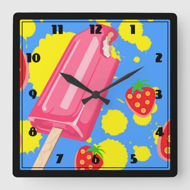 Fun Pink Popsicle and Strawberries Illustration Square Wall Clock (Front)