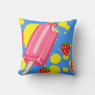 Fun Pink Popsicle and Strawberries Illustration Throw Pillow