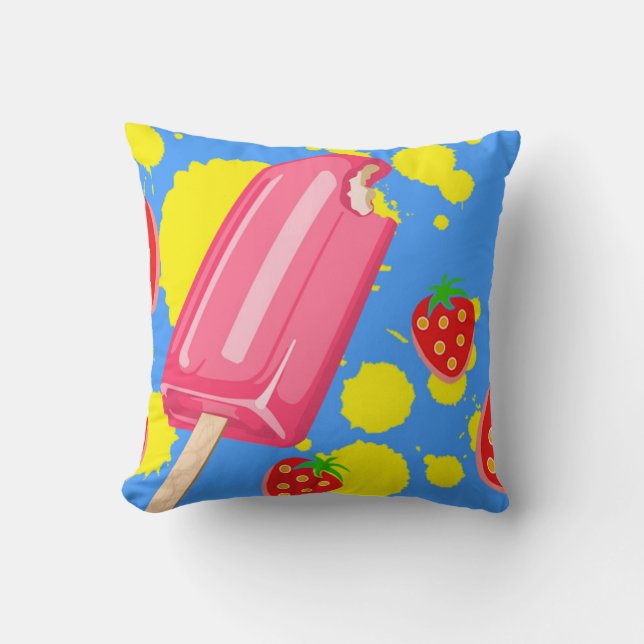 Fun Pink Popsicle and Strawberries Illustration Throw Pillow (Front)