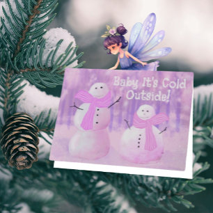 Fun Pink Purple Snowman Personalized Holiday  Card