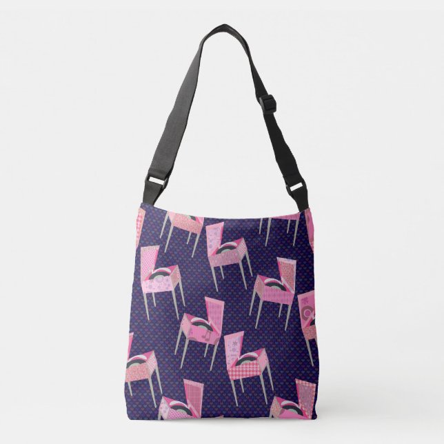 Fun Pink Retro Record Player Kitschy Music Pattern Crossbody Bag (Front)
