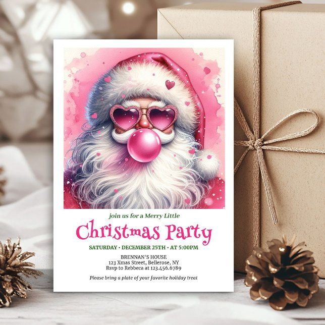 Fun pink santa bubble gum watercolor Christmas i  Invitation (Fun pink santa bubble gum watercolor Christmas invite)