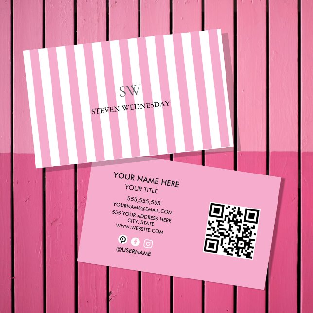 Fun Pink Stripe Simple Monogram Minimalist  Business Card (Creator Uploaded)