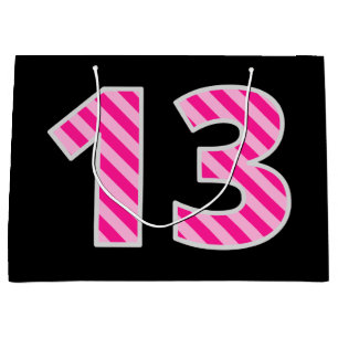 Fun Pink Striped "13"; Happy 13th Birthday; Name Large Gift Bag