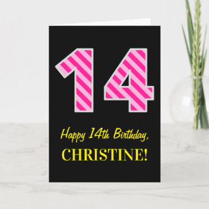 Fun Pink Striped "14"; Happy 14th Birthday; Name Card