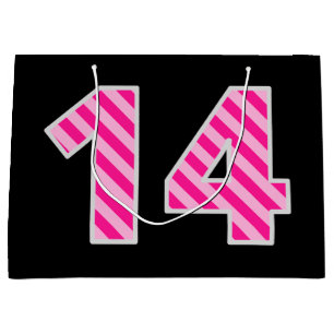 Fun Pink Striped "14"; Happy 14th Birthday; Name Large Gift Bag