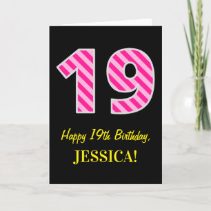 Fun Pink Striped "19"; Happy 19th Birthday; Name Card