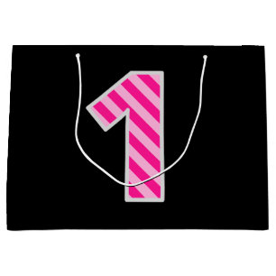 Fun Pink Striped "1"; Happy 1st Birthday; Name Large Gift Bag