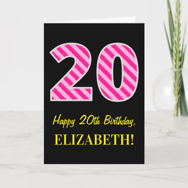 Fun Pink Striped "20"; Happy 20th Birthday; Name Card (Front)