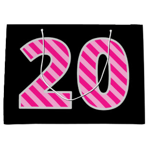 Fun Pink Striped "20"; Happy 20th Birthday; Name Large Gift Bag