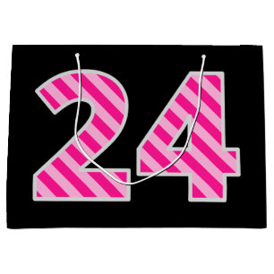 Fun Pink Striped "24"; Happy 24th Birthday; Name Large Gift Bag