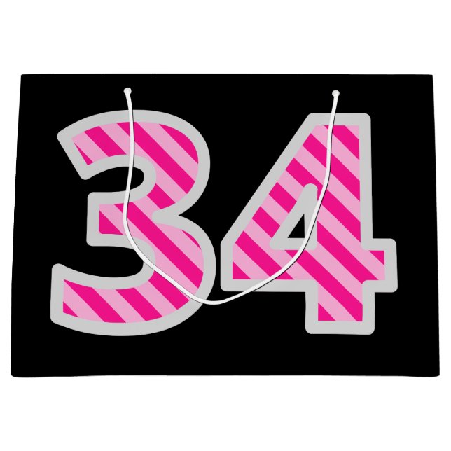 Fun Pink Striped "34"; Happy 34th Birthday; Name Large Gift Bag (Front)