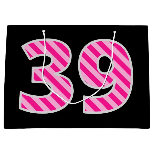 Fun Pink Striped "39"; Happy 39th Birthday; Name Large Gift Bag (Front)