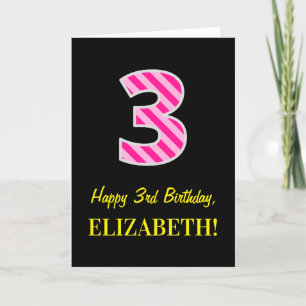 Fun Pink Striped "3"; Happy 3rd Birthday; Name Card