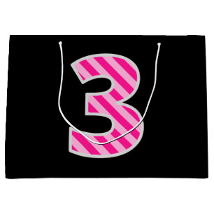 Fun Pink Striped "3"; Happy 3rd Birthday; Name Large Gift Bag